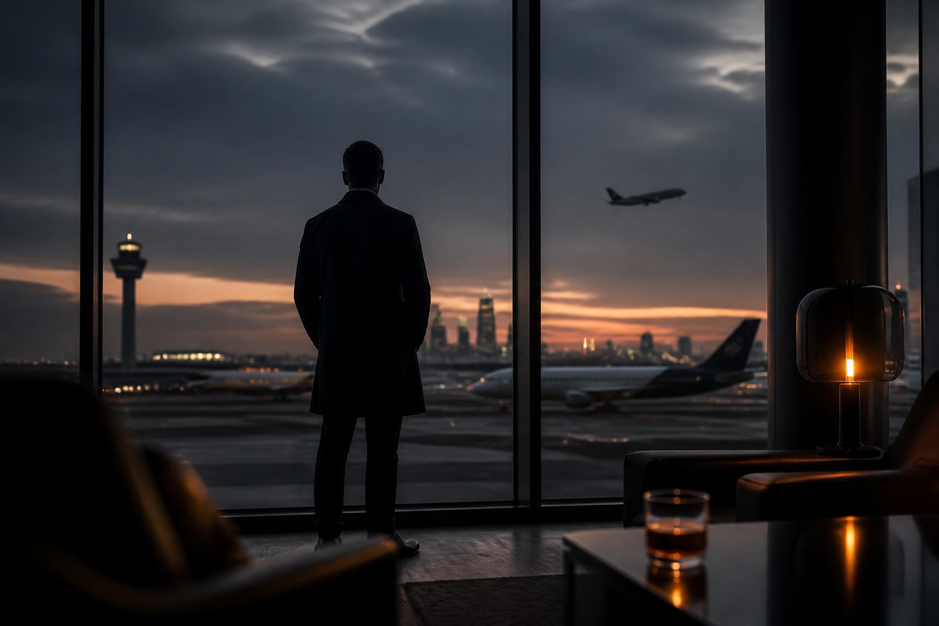 Executivo observando pistas e skyline ao entardecer a partir de uma sala vip de aeroporto internacional